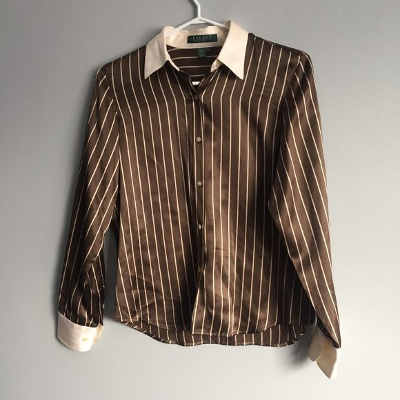 Ralph Lauren Silk Blouse Brown Striped Vertical Size 4P - Picture 1 of 4